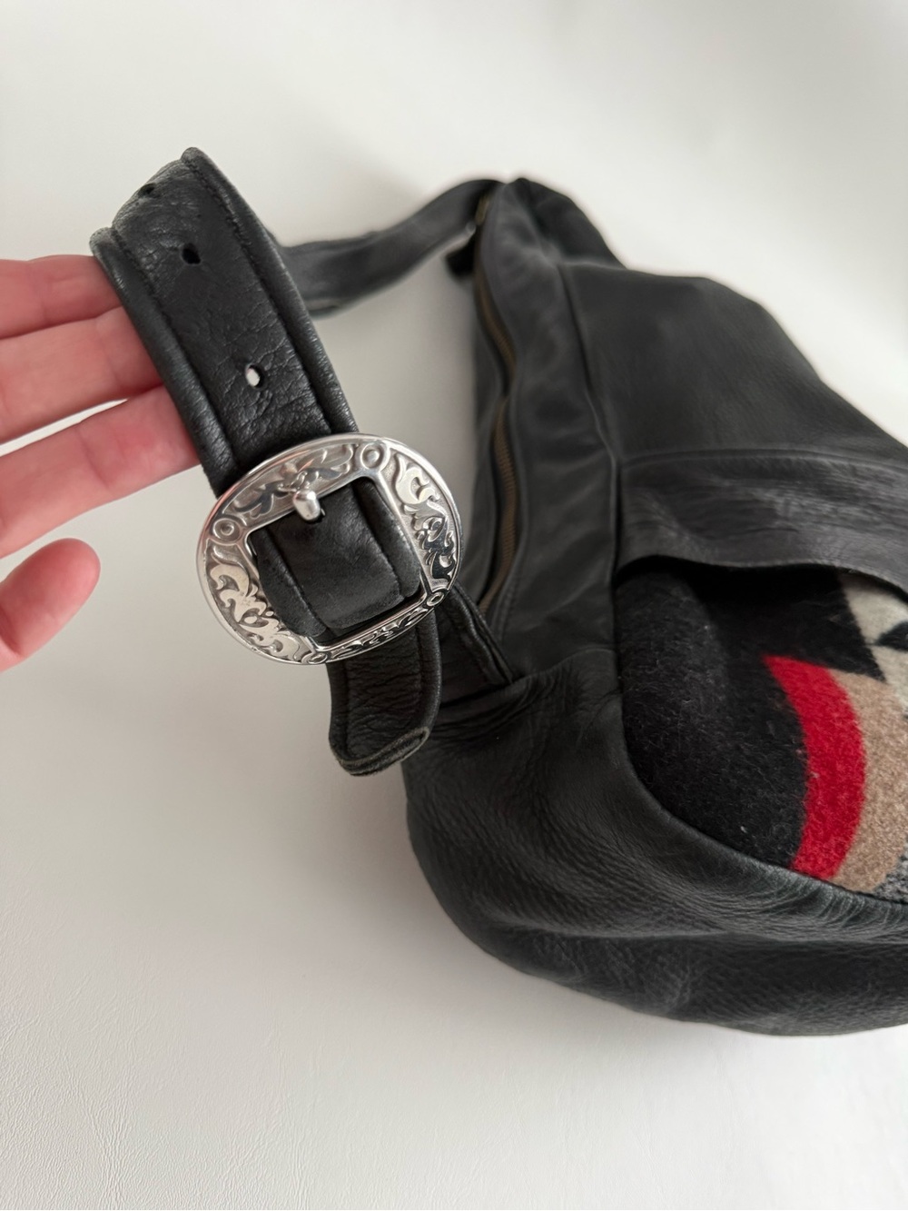 Hand Crafted Black Leather Crossbody Bag with Patterned Pendleton wool accents - Picture 2 of 8